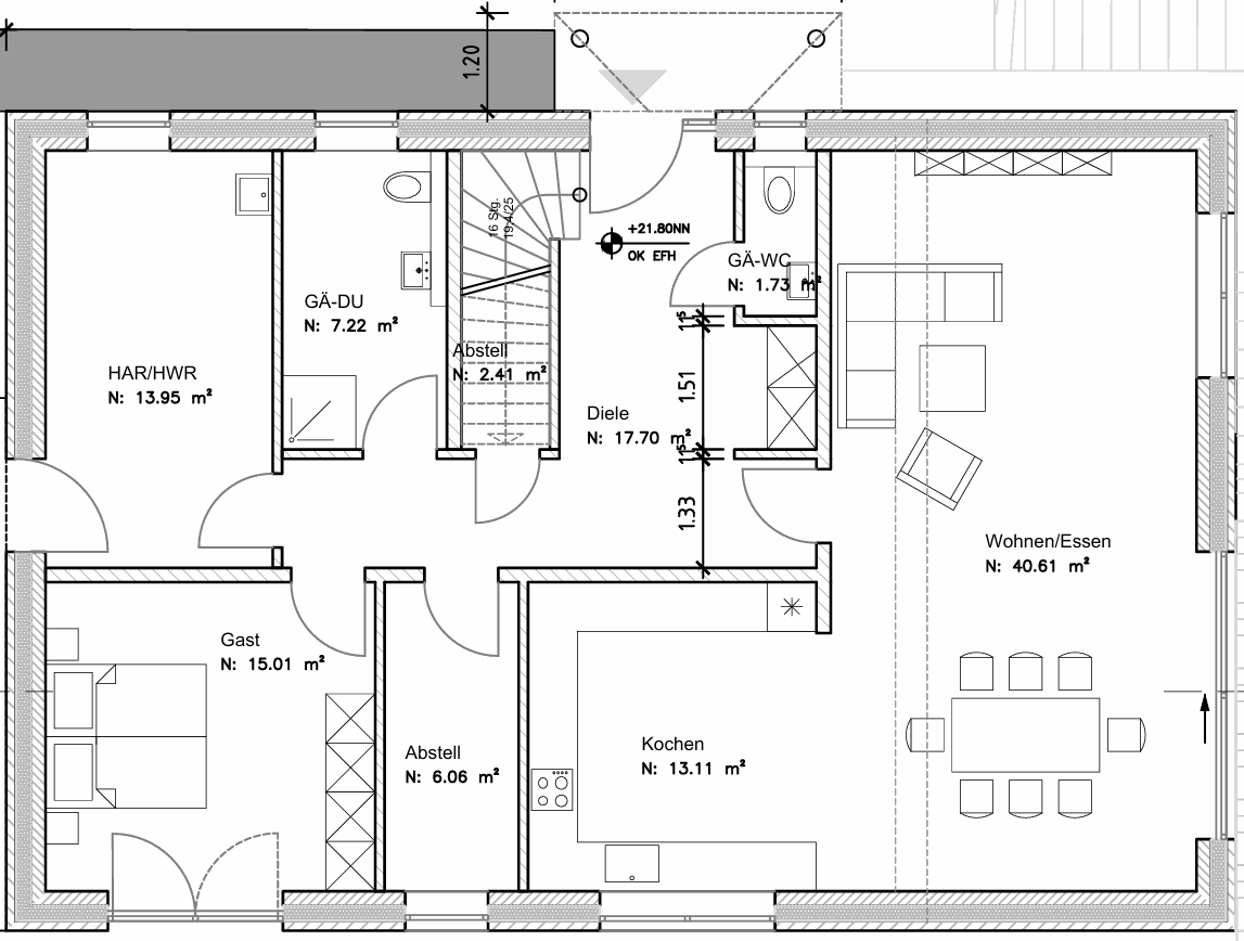 Grundriss Erdgeschoss: Architektenhaus 218 - dieses Architektenhaus mit knapp 220 qm Wohnfläche bauen wir schlüsselfertig zum Festpreis ab 557.000 €
