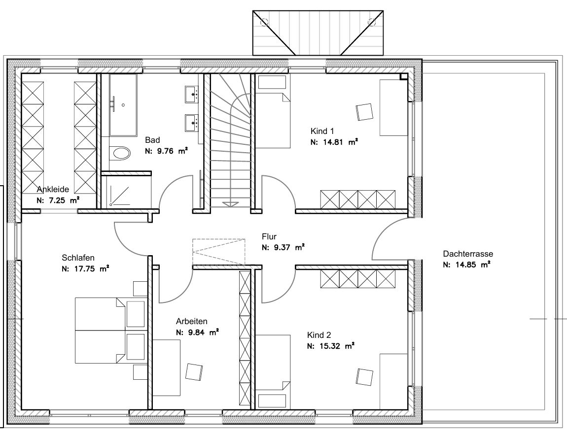 Grundriss Obergeschoss: Architektenhaus 218 - dieses Architektenhaus mit knapp 220 qm Wohnfläche bauen wir schlüsselfertig zum Festpreis ab 557.000 €