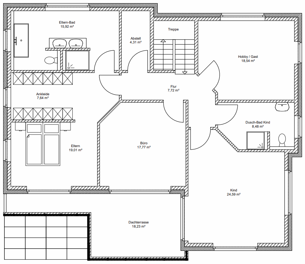 Grundriss Obergeschoss: Architektenhaus 252 - dieses Architektenhaus mit über 250 qm Wohnfläche bauen wir schlüsselfertig zum Festpreis ab 637.500 €