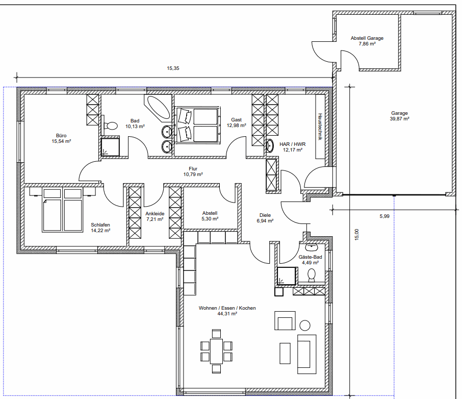 Grundriss Grundriss: Bungalow 144 - diesen Bungalow mit knapp 150 qm Wohnfläche bauen wir schlüsselfertig zum Festpreis ab 385.000 €