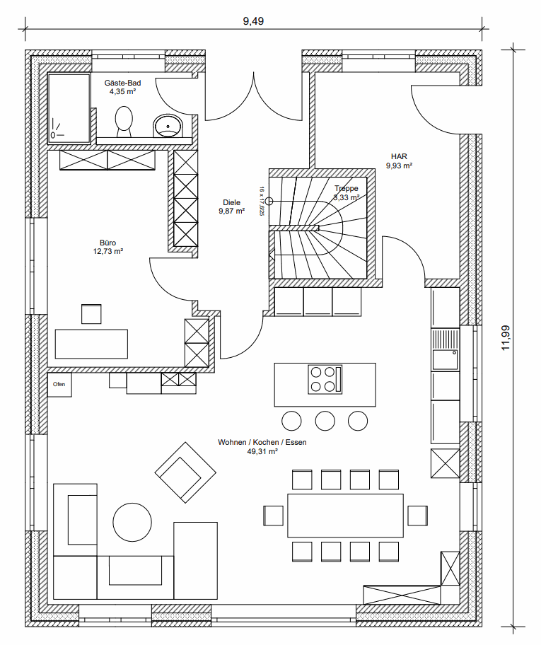 Grundriss Erdgeschoss: Landhaus 174 - dieses Landhaus mit über 170 qm Wohnfläche bauen wir schlüsselfertig zum Festpreis ab 409.500 €