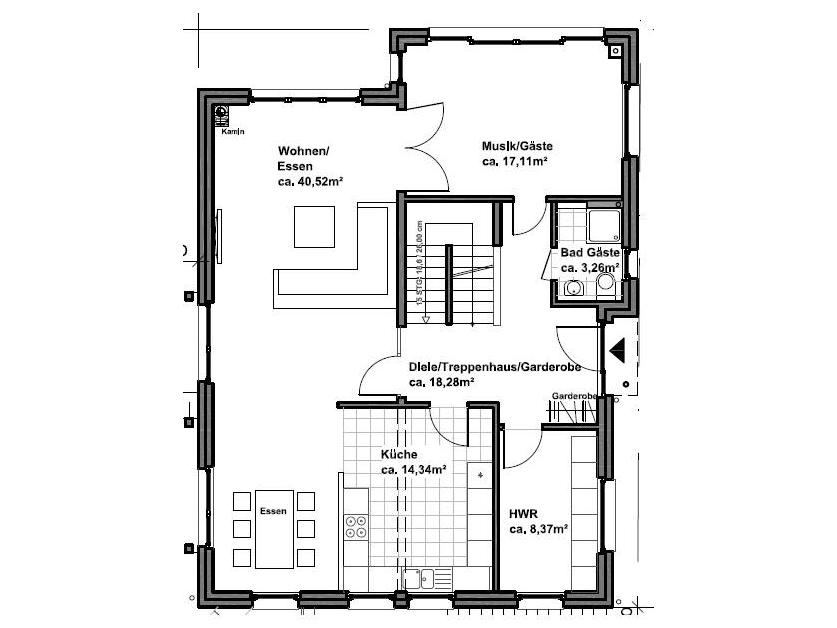 Grundriss Erdgeschoss: Architektenhaus 203 - dieses Architektenhaus mit über 200 qm Wohnfläche bauen wir schlüsselfertig zum Festpreis ab 518.500 €
