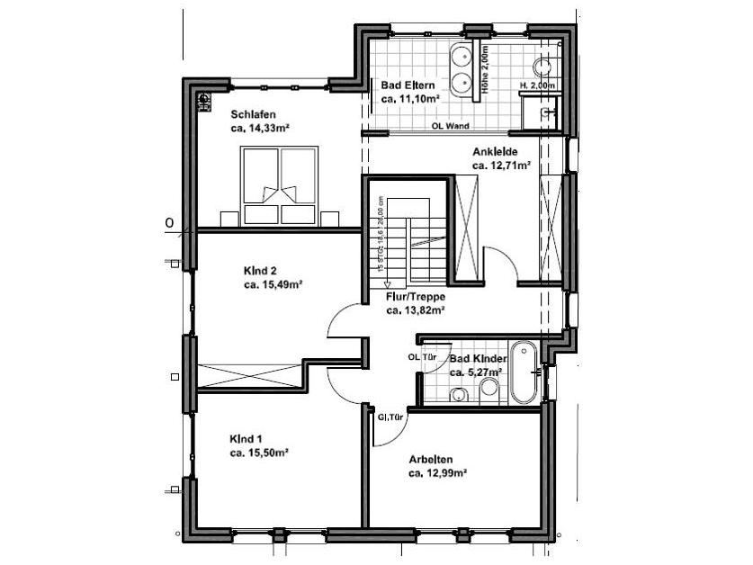 Grundriss Obergeschoss: Architektenhaus 203 - dieses Architektenhaus mit über 200 qm Wohnfläche bauen wir schlüsselfertig zum Festpreis ab 518.500 €