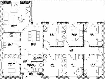 Grundriss Grundriss: Bungalow 150 - diesen Bungalow mit 150 qm Wohnfläche bauen wir schlüsselfertig zum Festpreis ab 392.000 €