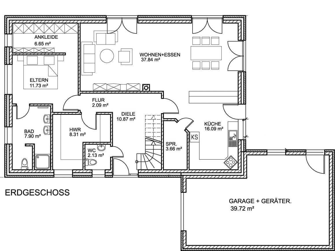 Grundriss Erdgeschoss: Landhaus 213 - dieses Landhaus mit über 200 qm Wohnfläche bauen wir schlüsselfertig zum Festpreis ab 488.500 €