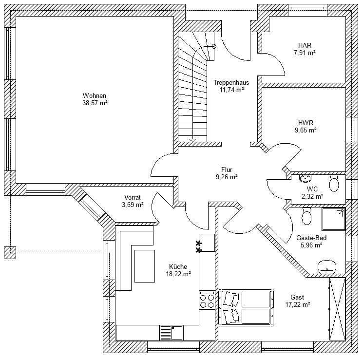 Grundriss Erdgeschoss: Landhaus 255 - dieses Landhaus mit über 250 qm Wohnfläche bauen wir schlüsselfertig zum Festpreis ab 581.500 €
