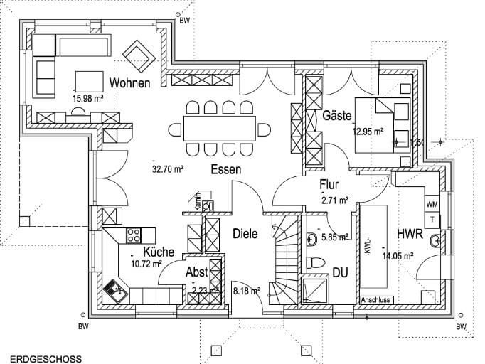 Grundriss Erdgeschoss: Mediterrane Stadtvilla 188 - diese mediterrane Stadtvilla mit knapp 200 qm Wohnfläche bauen wir schlüsselfertig zum Festpreis ab 449.000 €