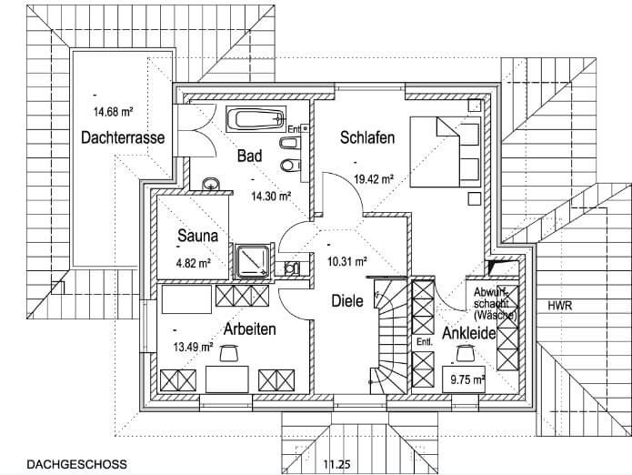 Grundriss Obergeschoss: Mediterrane Stadtvilla 188 - diese mediterrane Stadtvilla mit knapp 200 qm Wohnfläche bauen wir schlüsselfertig zum Festpreis ab 449.000 €