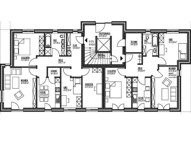 Grundriss Erdgeschoss: Mehrfamilienhaus 548 - dieses Mehrfamilienhaus mit knapp 550 qm Wohnfläche bauen wir schlüsselfertig zum Festpreis ab 1.362.500 €