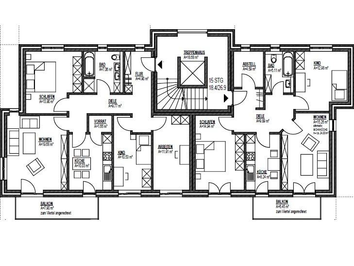 Grundriss Obergeschoss: Mehrfamilienhaus 548 - dieses Mehrfamilienhaus mit knapp 550 qm Wohnfläche bauen wir schlüsselfertig zum Festpreis ab 1.362.500 €