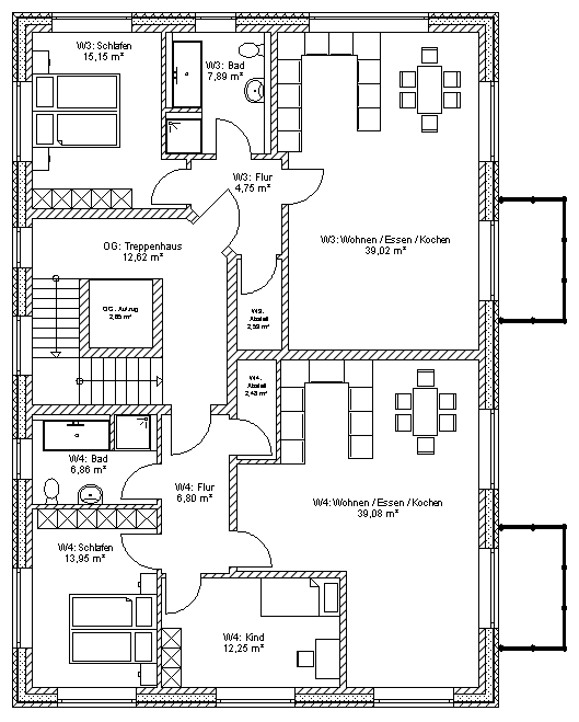 Grundriss Obergeschoss: Mehrfamilienhaus 575 - dieses Mehrfamilienhaus mit knapp 600 qm Wohnfläche bauen wir schlüsselfertig zum Festpreis ab 1.425.000 €