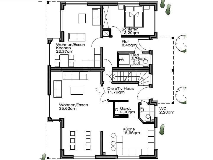 Grundriss Erdgeschoss: Mehrgenerationenhaus 230 - dieses Mehrgenerationenhaus mit 230 qm Wohnfläche bauen wir schlüsselfertig zum Festpreis ab 531.500 €