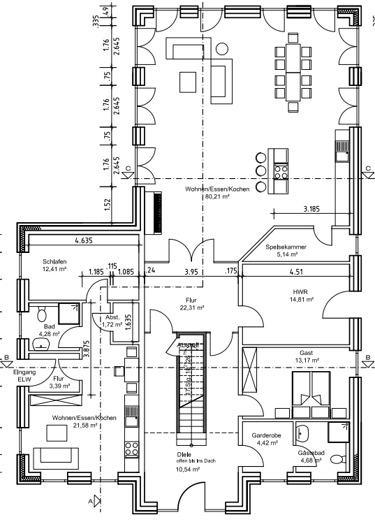 Grundriss Erdgeschoss: Mehrgenerationenhaus 318 - dieses Mehrgenerationenhaus mit über 300 qm Wohnfläche bauen wir schlüsselfertig zum Festpreis ab 774.500 €