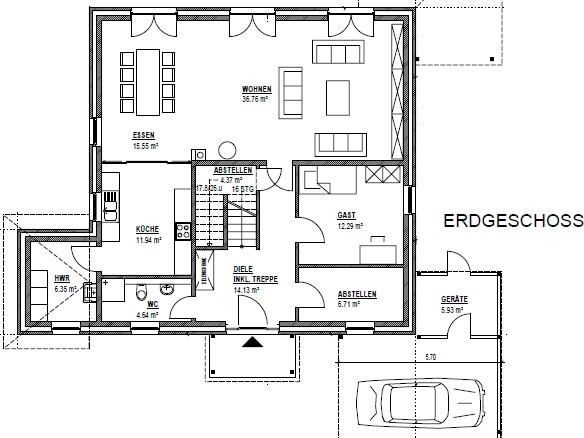 Grundriss Erdgeschoss: Stadtvilla 217 - diese Stadtvilla mit über 200 qm Wohnfläche bauen wir schlüsselfertig zum Festpreis ab 495.000 €