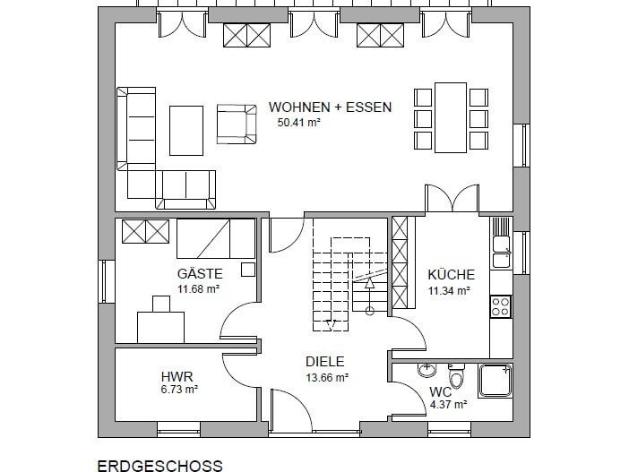 Grundriss Erdgeschoss: Stadtvilla 198 - diese Stadtvilla mit knapp 200 qm Wohnfläche bauen wir schlüsselfertig zum Festpreis ab 461.000 €