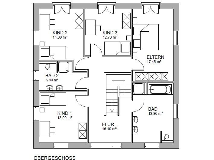 Grundriss Obergeschoss: Stadtvilla 198 - diese Stadtvilla mit knapp 200 qm Wohnfläche bauen wir schlüsselfertig zum Festpreis ab 461.000 €