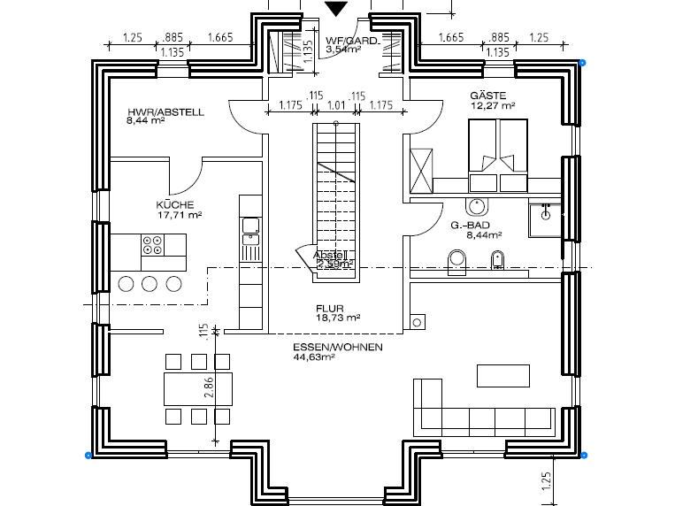 Grundriss Erdgeschoss: Stadtvilla 228 - diese Stadtvilla mit knapp 230 qm Wohnfläche bauen wir schlüsselfertig zum Festpreis ab 520.000 €