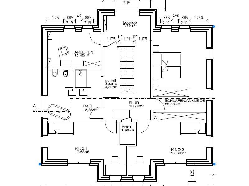 Grundriss Obergeschoss: Stadtvilla 228 - diese Stadtvilla mit knapp 230 qm Wohnfläche bauen wir schlüsselfertig zum Festpreis ab 520.000 €