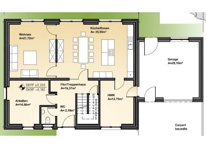 Grundriss Erdgeschoss: Stadtvilla 205 - diese Stadtvilla mit über 200 qm Wohnfläche bauen wir schlüsselfertig zum Festpreis ab 475.000 €