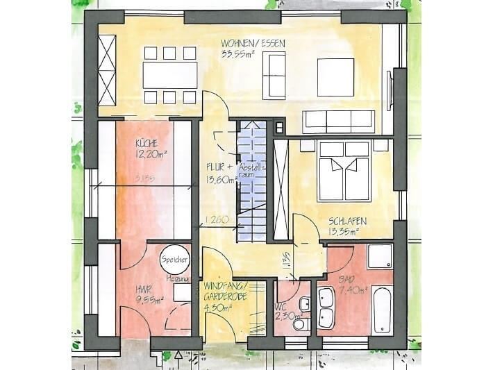 Grundriss Erdgeschoss: Landhaus 191 - dieses Landhaus mit knapp 200 qm Wohnfläche bauen wir schlüsselfertig zum Festpreis ab 438.000 €