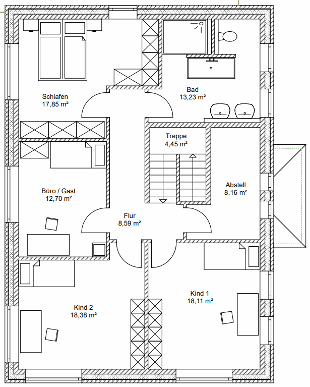 Grundriss Obergeschoss: Stadtvilla 204 - diese Stadtvilla mit über 200 qm Wohnfläche bauen wir schlüsselfertig zum Festpreis ab 472.500 €